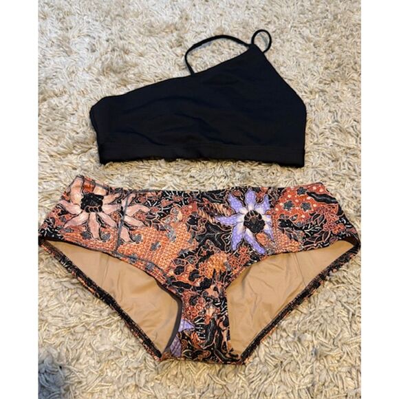 Ulla Johnson Black One Shoulder Top Batik Floral Bikini Bottoms S - Picture 1 of 8
